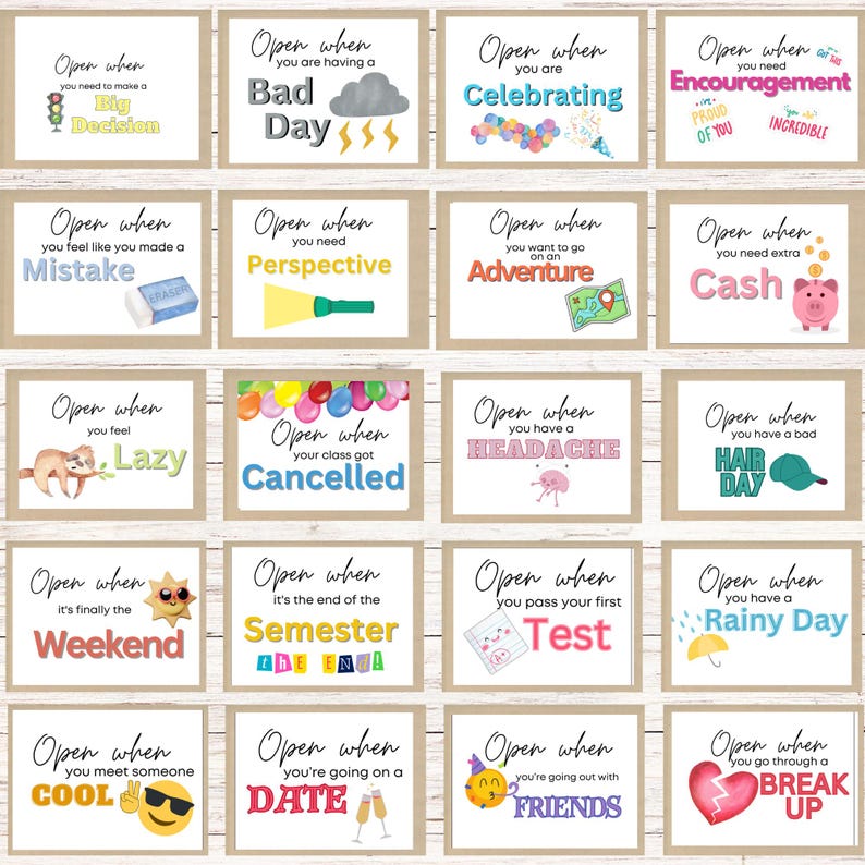 May include: A set of 16 colorful envelopes with different phrases printed on them. Each envelope has a different illustration, such as a rain cloud, a graduation cap, a piggy bank, and a broken heart. The envelopes are designed to be opened when you are feeling a certain emotion or experiencing a specific event.