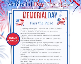 Memorial Day Pass the Prize Game, Juegos familiares imprimibles, Juegos de fiesta patriótica para niños y adultos, Juegos imprimibles de actividades del Memorial Day