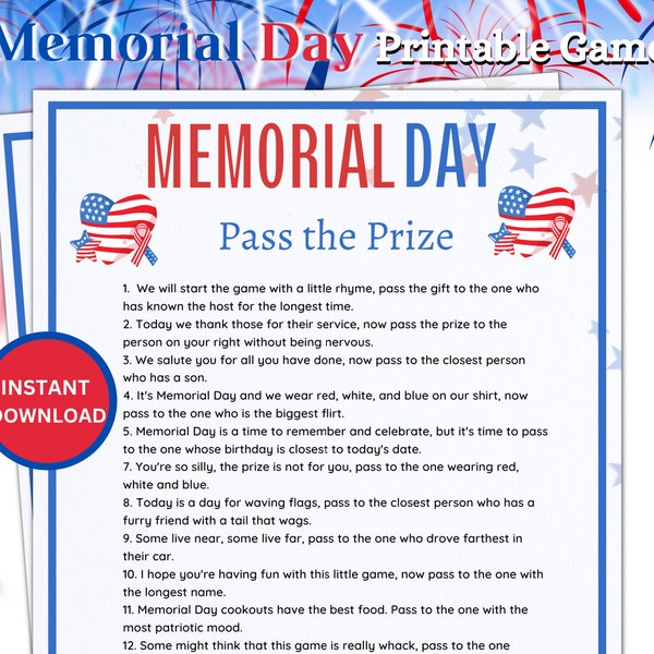 Memorial Day Pass the Prize Game, afdrukbare familiespellen, patriottische feestspellen voor kinderen en volwassenen, afdrukbare spellen voor Memorial Day-activiteit