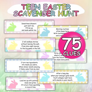 May include: A colorful Teen Easter Scavenger Hunt game with 75 clues. The game includes clues on pastel-colored cards with bunny illustrations. The title is in pink and green. A fun activity for teens.