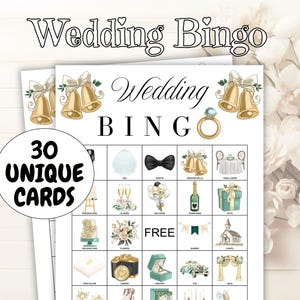 30 Wedding Bingo games, Wedding fun, Reception bingo cards, Printable Wedding shower game, Wedding table, Bachelorette game, kids activity