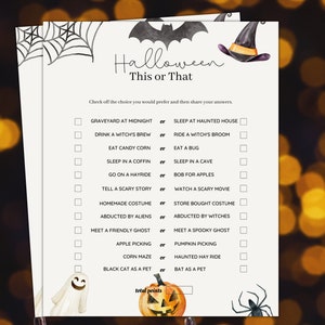 Halloween Party Game, This or That, Halloween Party Activities, Halloween adult Party, Fall October party game, Halloween game printable