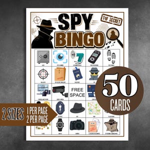 Może przedstawiać: Arkusz do gry Spy Bingo z siatką 25 pól zawierający ikony takie jak sejf, skaner oka, urządzenie podsłuchowe, dyktafon, ślady stóp, tarcza strzelnicza, koperta, paszport, szpieg, pomieszczenie monitoringu, kamera wideo, komputer i aparat.