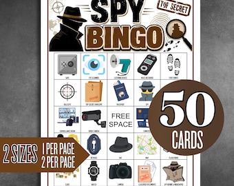 Spionage-Bingo zum Ausdrucken, Geheimagenten-Geburtstagsspiel, Detektiv-Bingo, 50 einzigartige Karten, Spionage-Aktivität, Spiel für den Unterricht, Sofort-Download