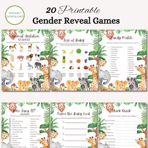Peut inclure: Un ensemble de 20 jeux de r&eacute;v&eacute;lation de sexe imprimables sur le th&egrave;me de la jungle avec des illustrations d'animaux. Les jeux comprennent "Gestation animale", "Taille du b&eacute;b&eacute;", "Correspondance de bonbons", "Qui a chant&eacute; ?", "Nommez la nourriture pour b&eacute;b&eacute;" et "R&eacute;fl&eacute;chissez vite".