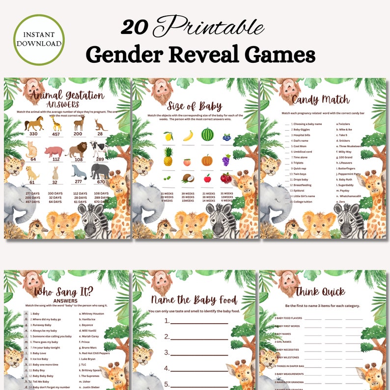 Peut inclure: Un ensemble de 20 jeux de r&eacute;v&eacute;lation de sexe imprimables sur le th&egrave;me de la jungle avec des illustrations d'animaux. Les jeux comprennent "Gestation animale", "Taille du b&eacute;b&eacute;", "Correspondance de bonbons", "Qui a chant&eacute; ?", "Nommez la nourriture pour b&eacute;b&eacute;" et "R&eacute;fl&eacute;chissez vite".