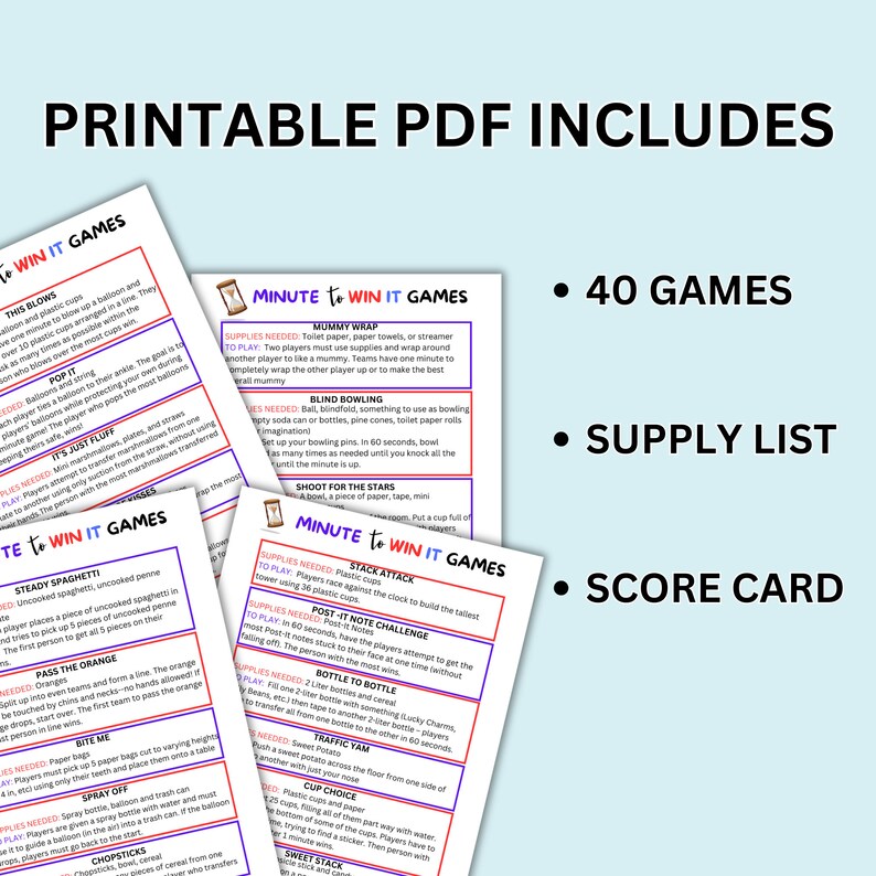 Minute to Win It Games, 40 One Minute Fun Party Games, Printable Games ...