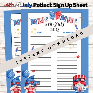 4th of July Potluck Sign Up sheet, potluck sheet, church potluck, July 4th dinner, July 4th BBQ, holiday dinner, printable sign up sheet,