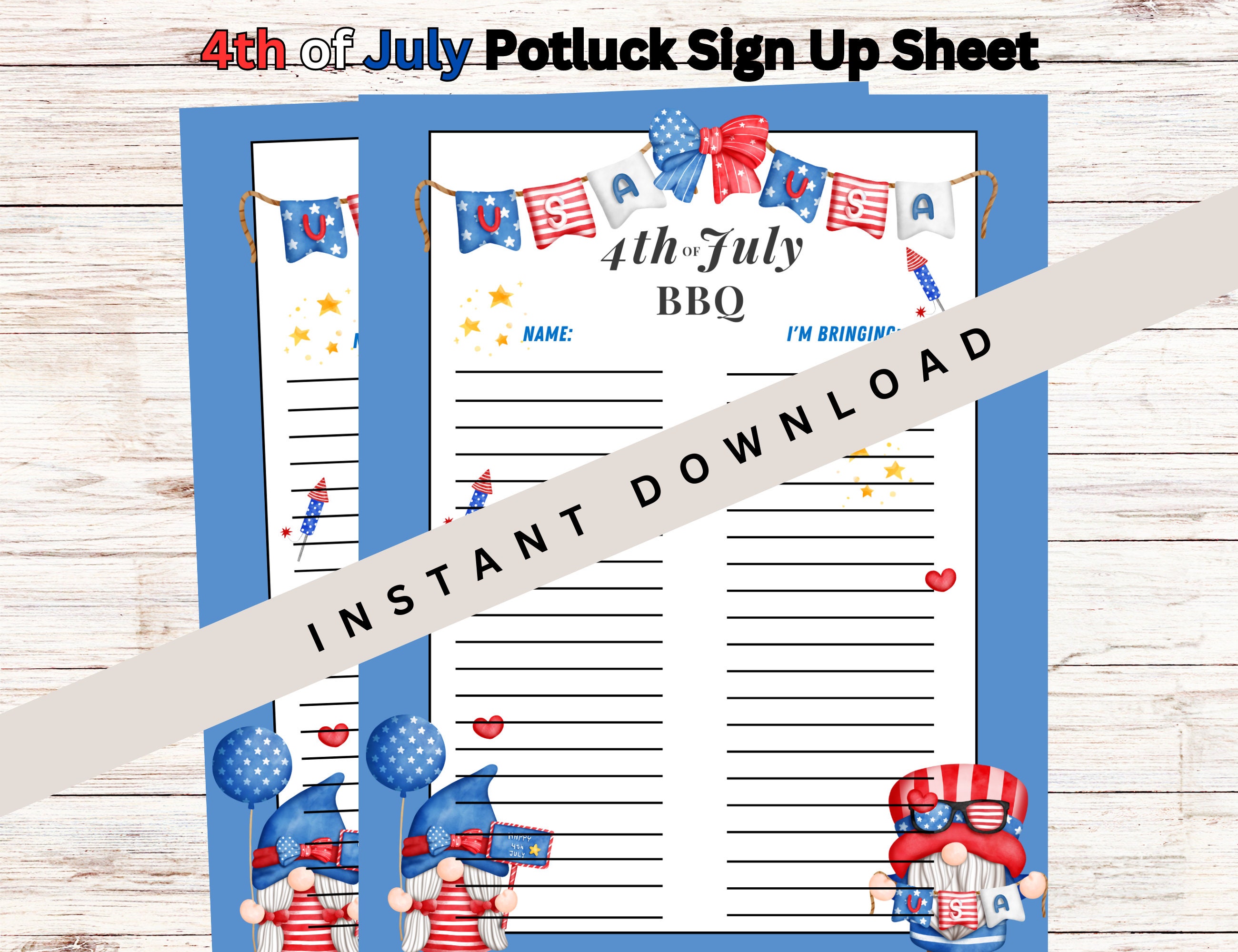 4th of July Potluck Sign Up sheet, potluck sheet, church potluck, July 4th dinner, July 4th BBQ, holiday dinner, printable sign up sheet,