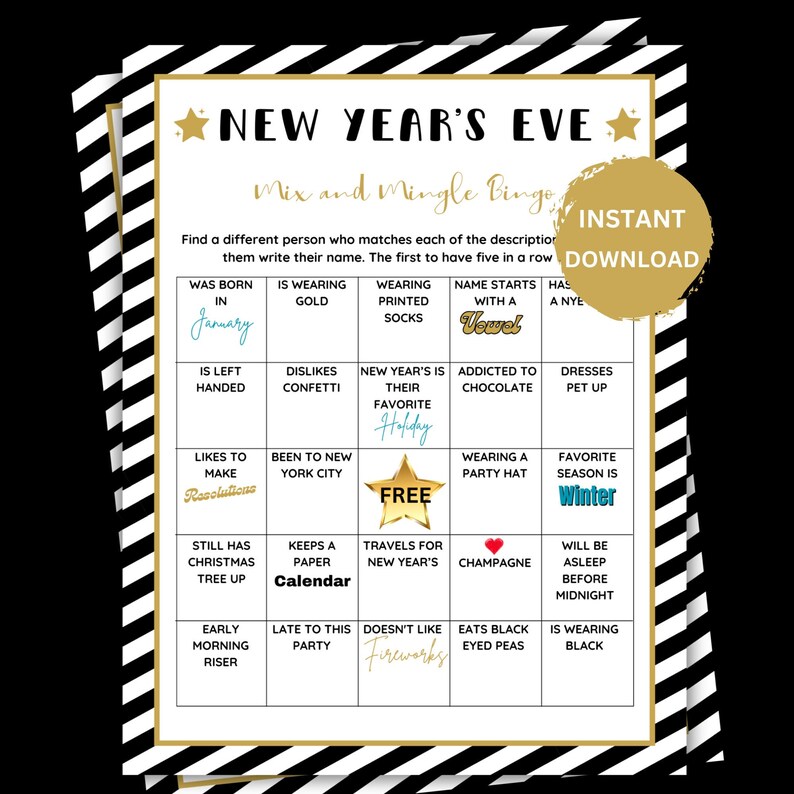 New Years Mix & Mingle Bingo Game, New Years Eve Party Game, New Years ...