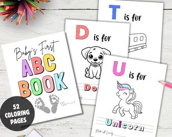 Páginas para colorir ABC do chá de bebê, primeiro livro do bebê ABC, lembrança do bebê, jogo de livro do alfabeto para bebês, atividade para chá de bebê para impressão