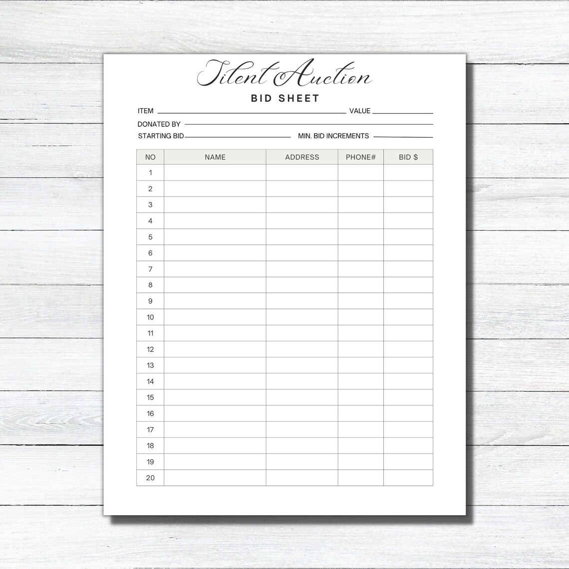 Silent Auction Bid Sheet, Silent Auction Sign up Sheet, Fundraiser ...