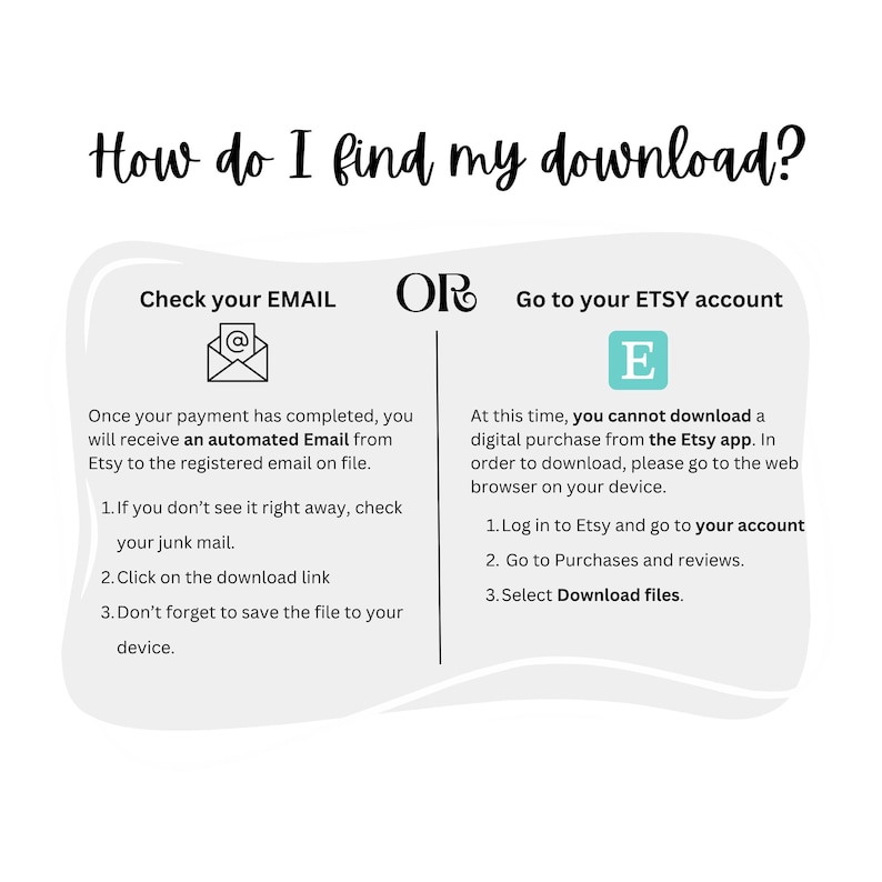 May include: A graphic with instructions on how to find a digital download on Etsy. The graphic shows two options: check your email or go to your Etsy account. The graphic includes icons of an email and the Etsy logo.