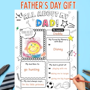 All About My Dad Printable Fathers Day Questionnaire, DIY Fathers Day Coloring Activity, Fill In The Blank Dad Worksheet, Dad Gift from Kids