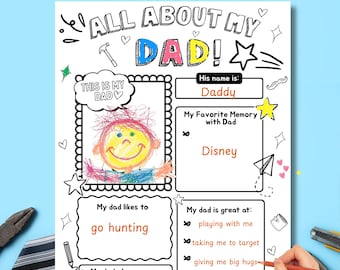 All About My Dad Printable Fathers Day Questionnaire, DIY Fathers Day Coloring Activity, Fill In The Blank Dad Worksheet, Dad Gift from Kids