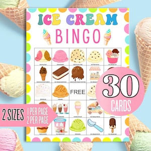 May include: Ice cream bingo game with colorful illustrations of ice cream flavors and treats. The game includes 30 cards and is available in two sizes. The title "Ice Cream Bingo" is displayed at the top.