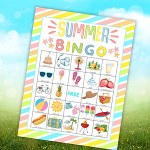 May include: A summer bingo card with a striped border. The card features illustrations of summer items such as a sandcastle, sunglasses, ice cream, and a beach ball. The words "SUMMER BINGO" are at the top in colourful letters.