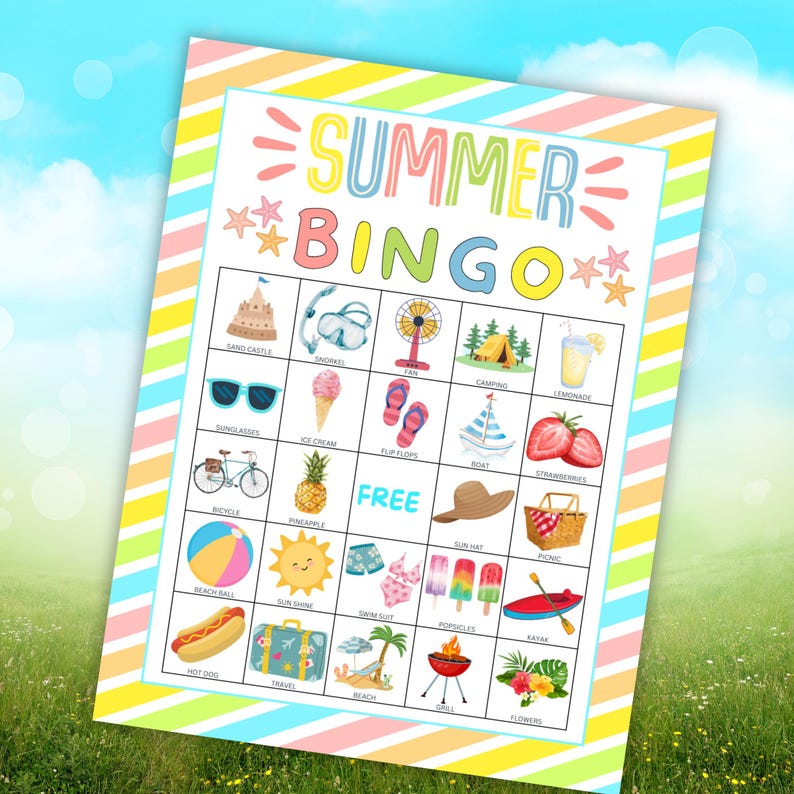 May include: A summer bingo card with a striped border. The card features illustrations of summer items such as a sandcastle, sunglasses, ice cream, and a beach ball. The words "SUMMER BINGO" are at the top in colourful letters.