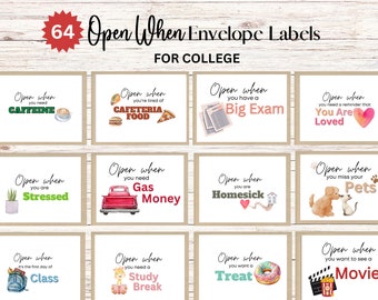 May include: Set of 12 "Open When" envelope labels for college students. Each label features watercolor illustrations and text for various occasions, such as "Caffeine," "Big Exam," and "Homesick." The labels are designed to be used for college students.