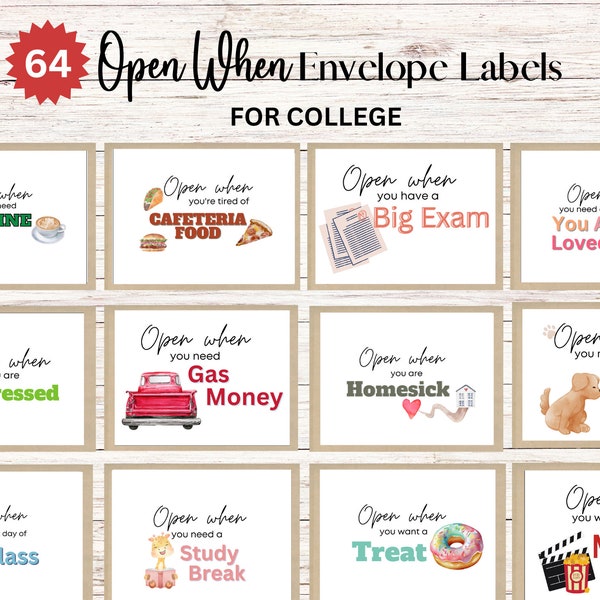 Open When Envelope Labels for College Students, University Letters for Student, College Student Care Package, Open When Cards, Printable