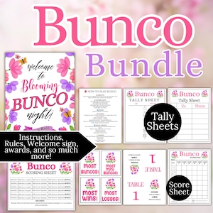 May include: A pink and purple Bunco Bundle with the word "Bunco" in large pink letters. The bundle includes a welcome sign, instructions, tally sheets, score sheets, and award cards. The text "Blooming Bunco Night" is also visible.
