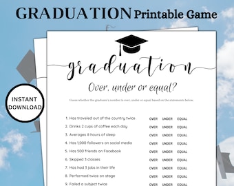 Peut inclure: Un jeu de graduation imprimable avec un design noir et blanc. Le jeu demande aux joueurs de deviner si le nombre du diplômé est supérieur, inférieur ou égal au nombre indiqué dans chaque question. Les questions incluent : A voyagé hors du pays deux fois, Boit 2 tasses de café par jour, A une moyenne de 8 heures de sommeil, A 1 000 abonnés sur les réseaux sociaux, A 500 amis sur Facebook, A sauté 3 cours, A eu 3 emplois dans sa vie, A joué deux fois sur scène, A échoué à un sujet deux fois.