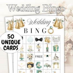 50 Wedding Bingo games, Wedding fun, Reception bingo cards, Printable Wedding shower game, Wedding table, Bachelorette game, kids activity
