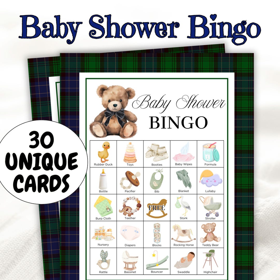 Blue Plaid Baby Shower Bingo Game | Teddy Bear Baby Shower Game ...