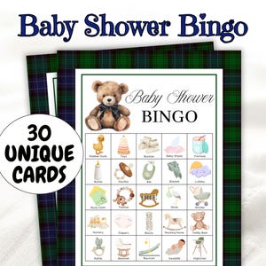 May include: Baby Shower Bingo game cards with a teddy bear illustration. The cards feature baby-themed images like a rubber duck, bottle, and stroller. The text on the cards reads "Baby Shower Bingo" and "30 Unique Cards". The background has a green and blue plaid pattern.
