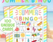 100 SUMMER Bingo Cards, Fun Summer Bingo Game, Kid Summer Activity, Fun Summer Game, School Party Game, Camp Activity, Summer birthday Game
