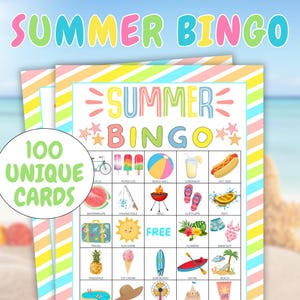 100 tarjetas de bingo de VERANO, divertido juego de bingo de verano, actividad de verano para niños, juego de verano divertido, juego de fiesta escolar, actividad de campamento, juego de cumpleaños de verano