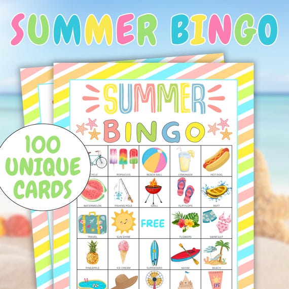 100 SUMMER Bingo Cards, Fun Summer Bingo Game, Kid Summer Activity, Fun Summer Game, School Party Game, Camp Activity, Summer birthday Game