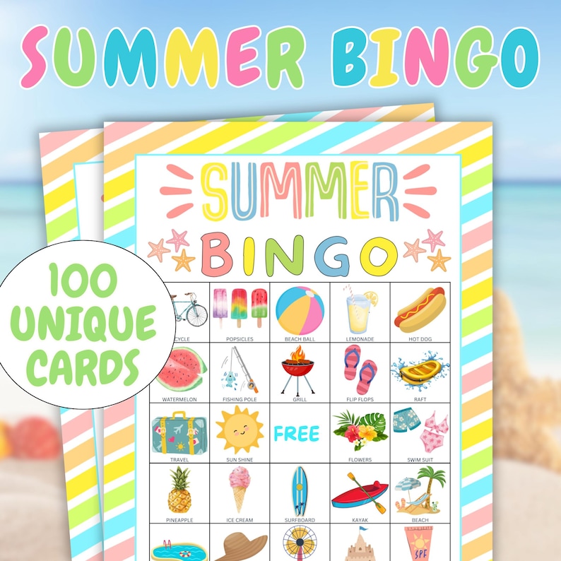 May include: Summer Bingo game cards featuring summer-themed illustrations such as ice lollies, beach balls, and swimsuits. The cards have a pastel striped border and the words "Summer Bingo" in bright colours. The image also says "100 Unique Cards".