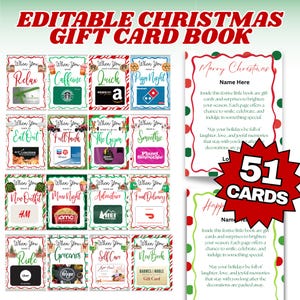 May include: An "Editable Christmas Gift Card Book" with 51 cards. The book features gift cards for various activities like dining, shopping, and entertainment. The cover includes the text "Merry Christmas" and "Happy Holidays".