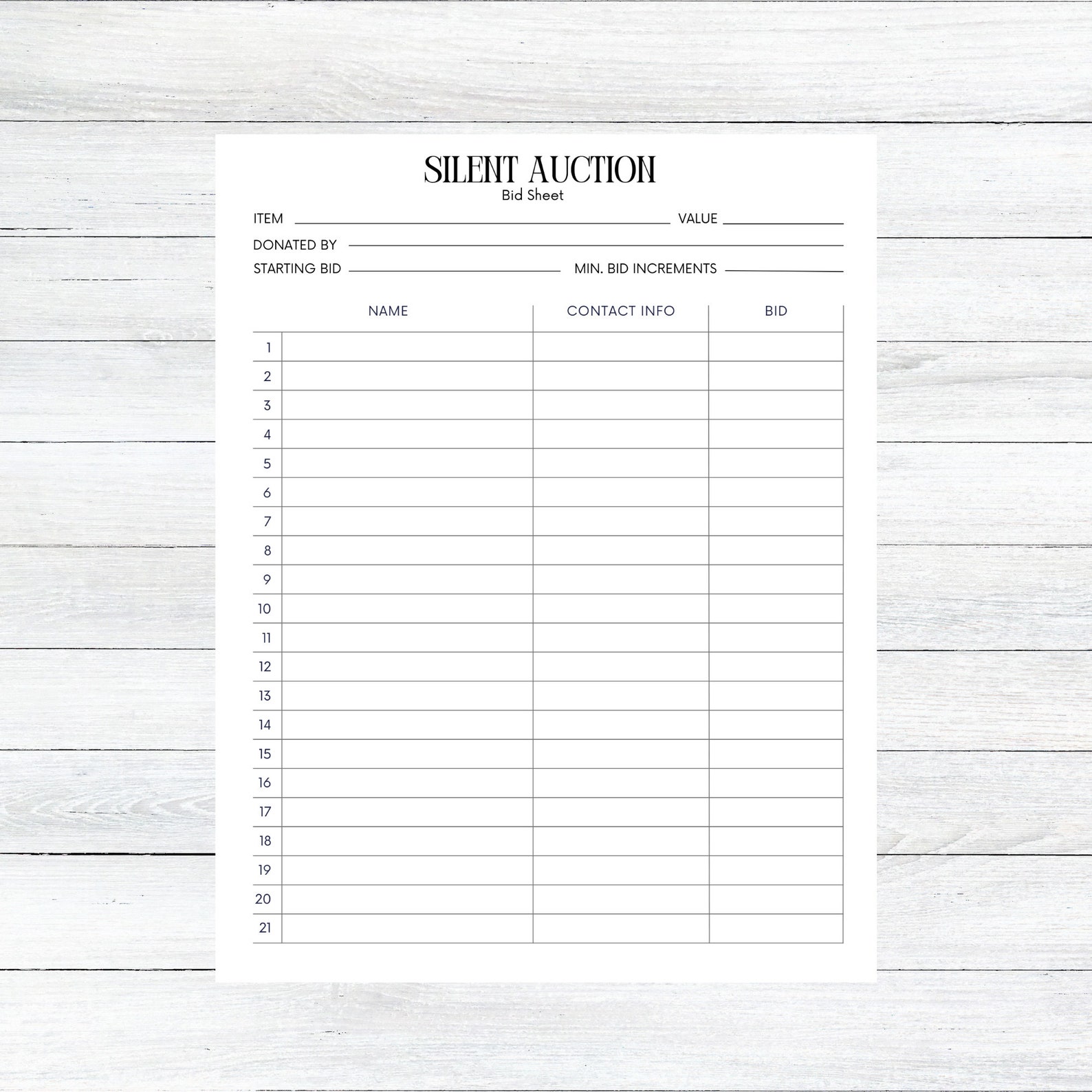 Silent Auction Bid Sheet, Silent Auction Sign up Sheet, Fundraiser ...