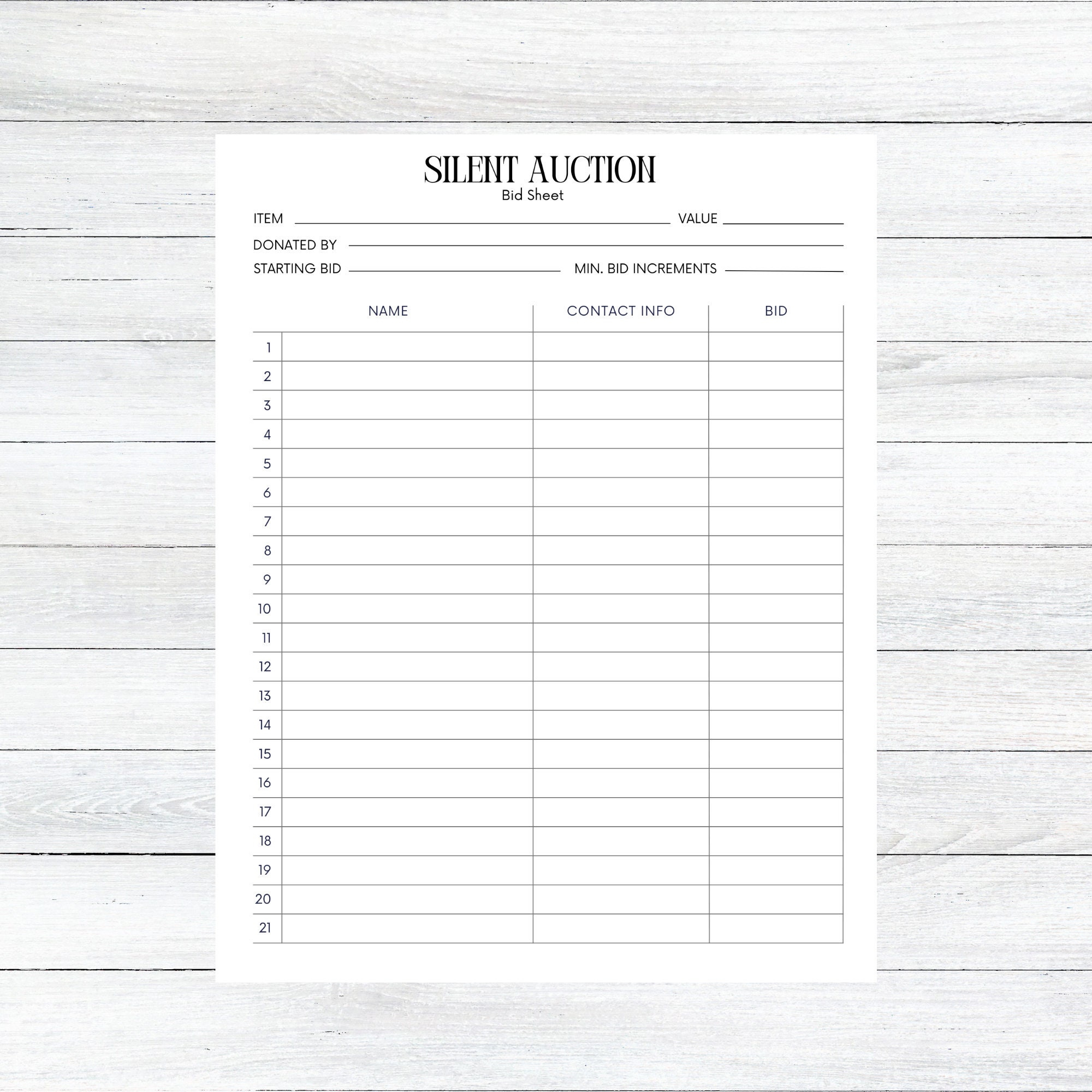 Silent Auction Bid Sheet, Silent Auction Sign up Sheet, Fundraiser ...