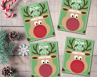 Kids Christmas Play Dough Cards, Class Christmas Favors Tags, Editable Doh Card, Printable Reindeer Play Dough Party Favor, Kid Activity