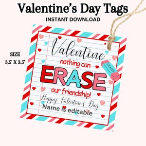 Eraser Valentinstag Geschenkanhänger, Nicht Süßigkeit druckbare Valentinstag Geschenk, Erase our Friendship Tag, Geschenk für Kinder Klassenzimmer, Vorschule Valentine