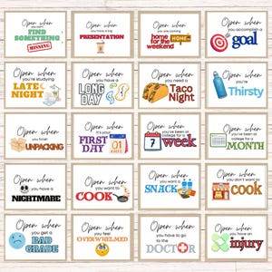 May include: A set of 16 printable cards with different occasions to open a gift. Each card has a colorful illustration and text, such as "Open when you have a bad grade" or "Open when you're thirsty".