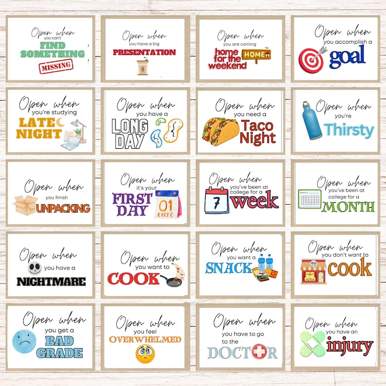 May include: A set of 16 printable cards with different occasions to open a gift. Each card has a colorful illustration and text, such as "Open when you have a bad grade" or "Open when you're thirsty".