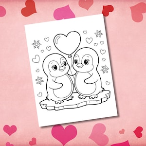 May include: Black and white line art of two penguins holding a heart-shaped balloon. The penguins stand on a small ice floe, surrounded by hearts and snowflakes. The image is on a pink background with heart shapes.