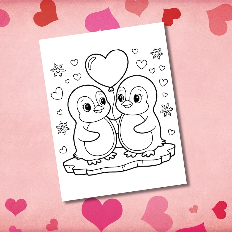 May include: Black and white line art of two penguins holding a heart-shaped balloon. The penguins stand on a small ice floe, surrounded by hearts and snowflakes. The image is on a pink background with heart shapes.