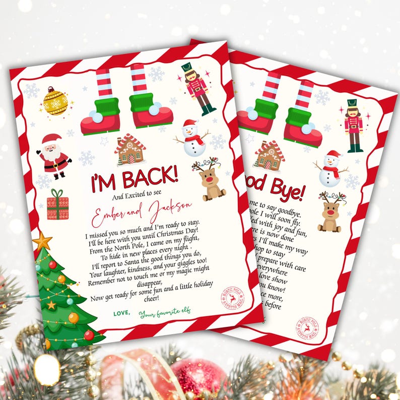 May include: Two Christmas-themed cards with red and white striped borders. One card reads "I'M BACK!" with festive illustrations of Santa, a snowman, and a reindeer. The other card says "Good Bye!" with similar holiday imagery. The cards are personalized.