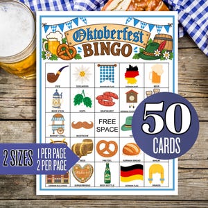 May include: An Oktoberfest Bingo game card featuring a grid of illustrations including a pipe, edelweiss, Bavarian flag, German map, beer, beer stein, hops, bratwurst, cuckoo clock, market stall, mustache, pretzel, bread, wheat, kegs, and flag.
