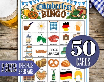 60 tarjetas de bingo del Oktoberfest, imprimibles del festival alemán, celebración en una cervecería al aire libre, fiesta de cumpleaños bávara, juego imprimible de otoño alemán