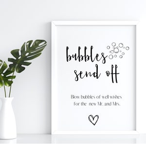 May include: A white framed sign with black text that reads "bubbles send off" and "Blow bubbles of well wishes for the new Mr. and Mrs." with a small heart at the bottom.