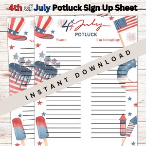 4th of July Potluck Sign Up sheet, holiday potluck sheet, church potluck social, July 4th BBQ, holiday dinner, printable sign up sheet,
