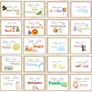 May include: A set of 16 colorful cards with different occasions and feelings written on them. Each card has a different illustration and the text "Open when..." followed by a specific occasion or feeling.
