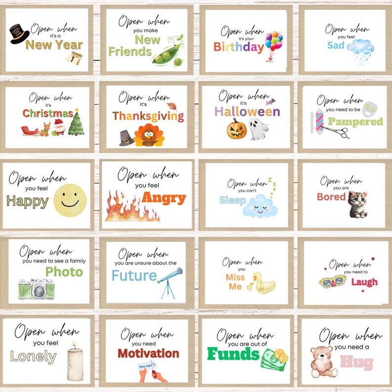 May include: A set of 16 colorful cards with different occasions and feelings written on them. Each card has a different illustration and the text "Open when..." followed by a specific occasion or feeling.
