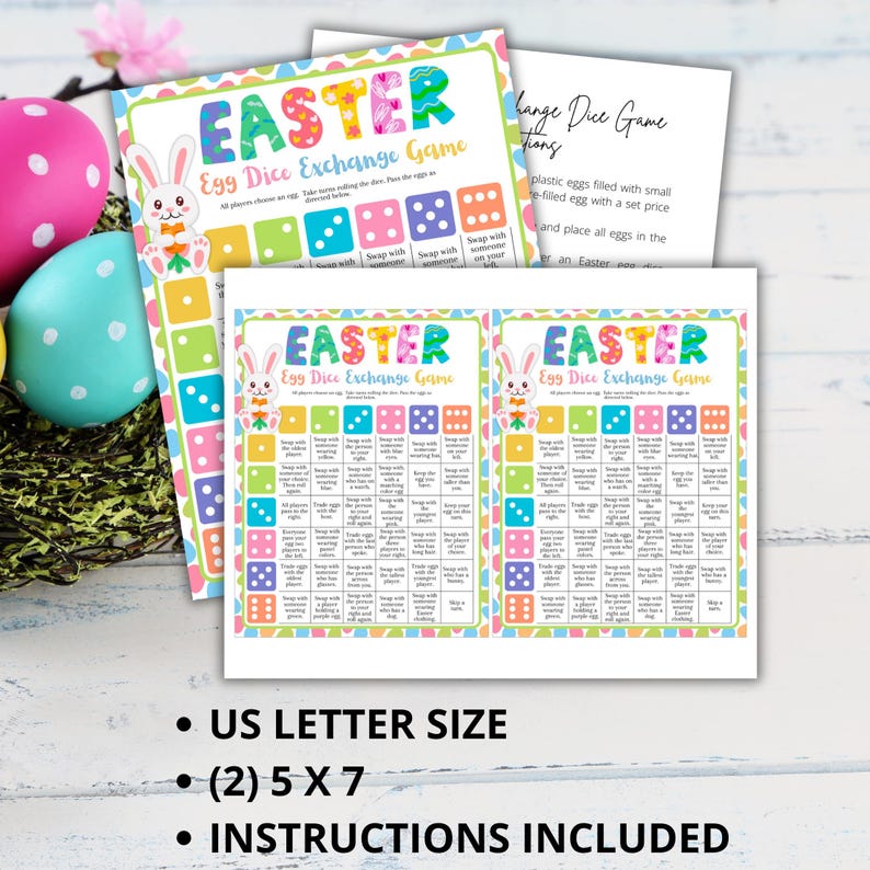 May include: Two printable Easter egg dice exchange game cards featuring a bunny rabbit illustration. The cards are 5x7 inches and include instructions.